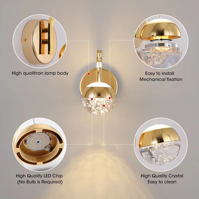 Light Luxury Golden Crystal Wall Lamp Gold Wall Sconce Led Wall Lights Design Chrome Wall Lamps Living Room Bedroom Corridor wall night light
