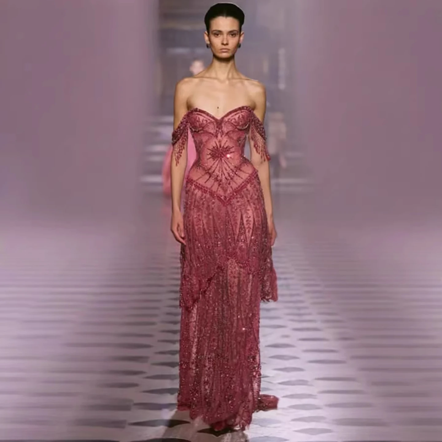 Serene Hill 2026 Luxury Fuchsia Arabic Beaded A-Line Evening Dress With Tassels For Formal Wedding Party LA73594 Customized 2