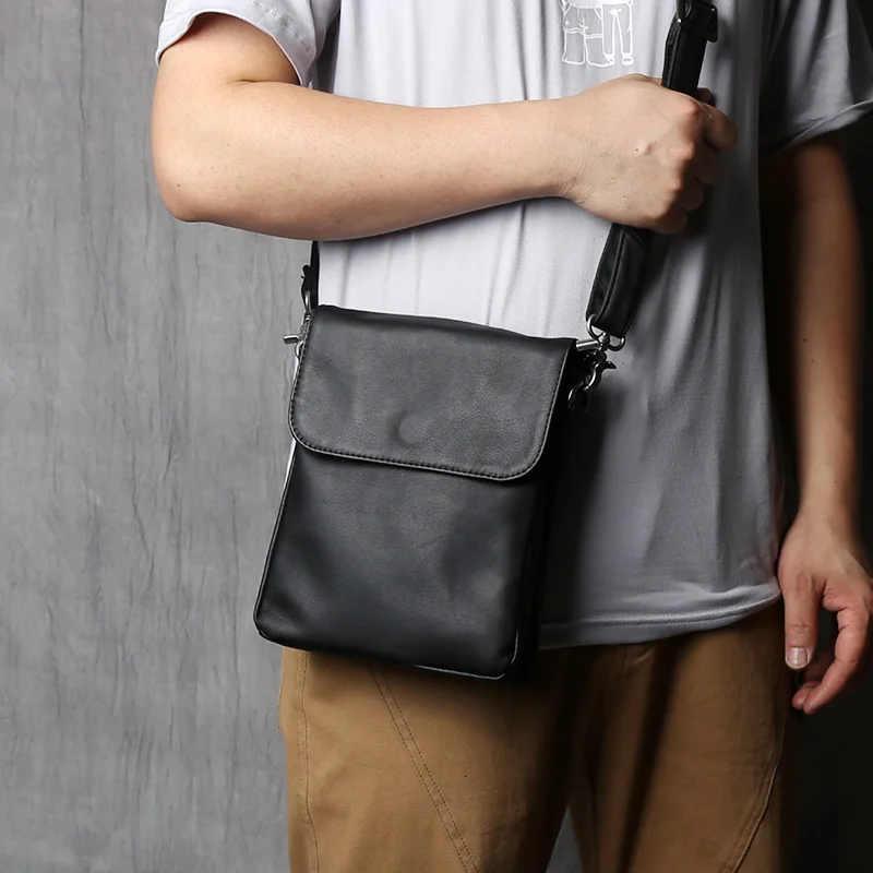 NZP Genuine Leather Men's Shoulder Bag Top Layer Cowhide Casual Men's Bag Black Trendy Messenger Bag Suitable For 8 Inch Ipad