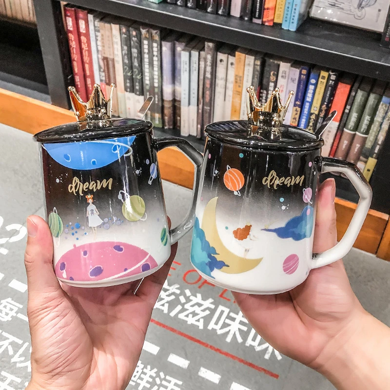 420ml Creative With Lid And Spoon Couple Water Cup Cartoon Crown Dream  Planet Girl Cup Household Trend Personality Coffee Mug - Mugs - AliExpress