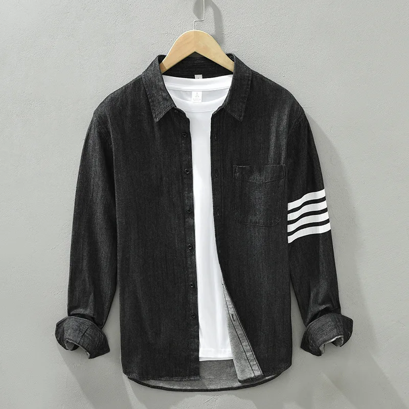 Long Sleeve Denim Shirt for Men Pure Cotton Casual Cowboy Tops Clothing Male Stripes Button Up Shirt