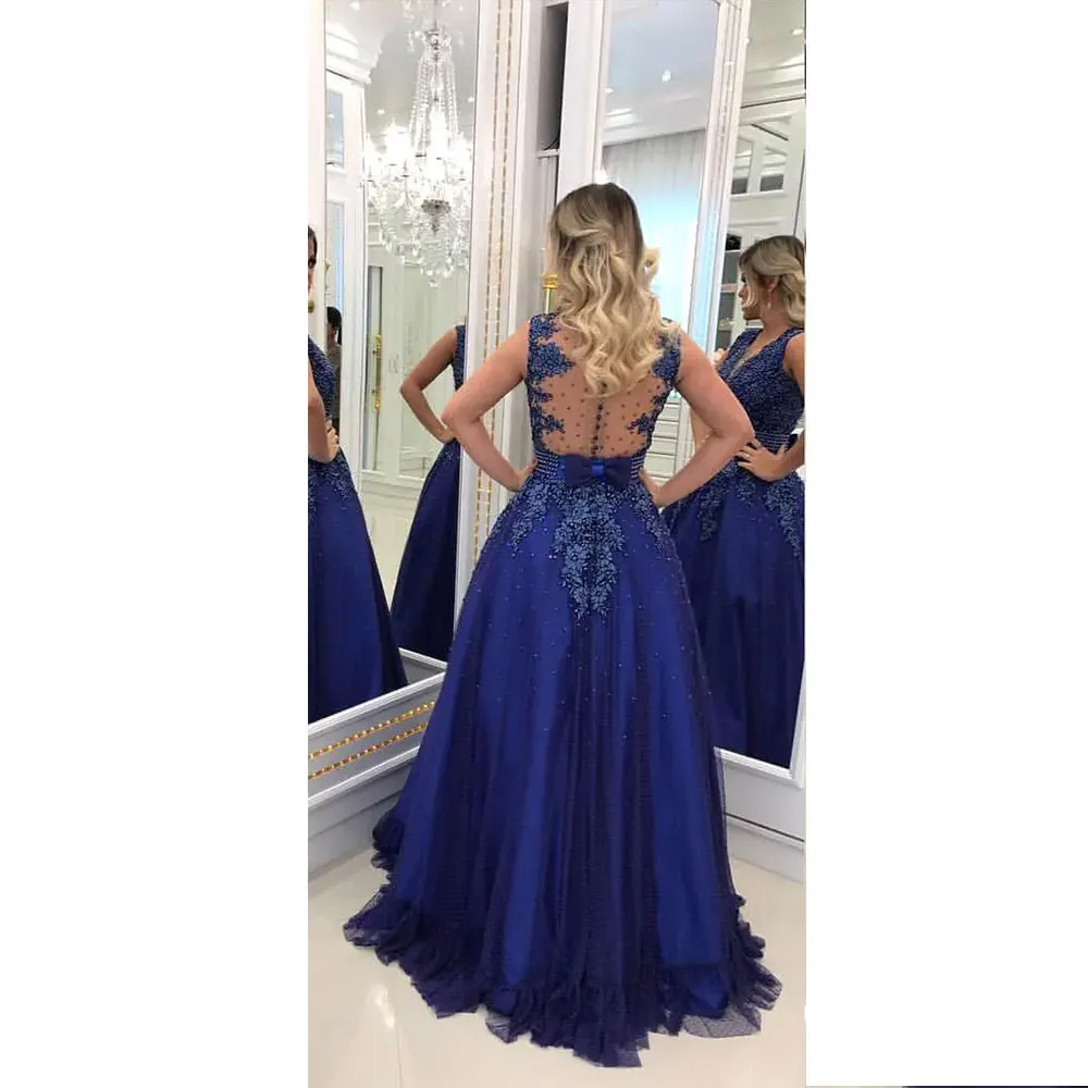 2024 Royal Blue Evening Dresses Women A Line Beaded Waist Back lace Saw Through Prom Ball Gowns Floor Length Formal Party Robe