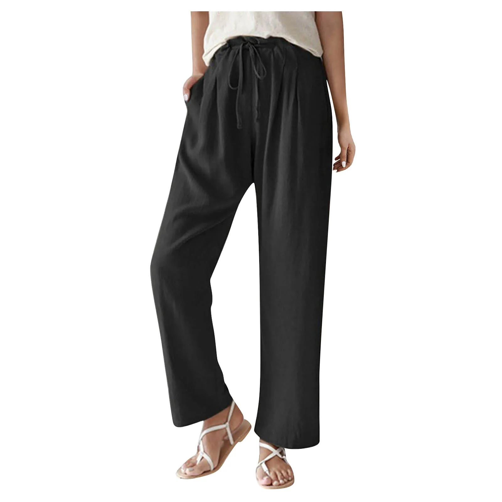 

Summer Ladies Casual Wide Leg Tie Elastic Waist Pleat Front Pocket Solid Color Wide Leg Pants Dress Pants Pantaloni Donna Estivi