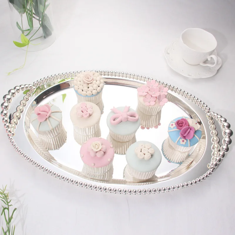 Silver Metal Serving Tray for Home Storage, Decorative Cake Stand with Handles, Cutlery Storage Orgnizer, Oval and Rectangle