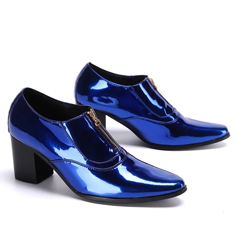 New Fashion Blue Patent Leather Men Formal Dress Shoes Big Size High Heel Party Man Shoes Club Jazz Dancer Thick Heel Ankle Boot
