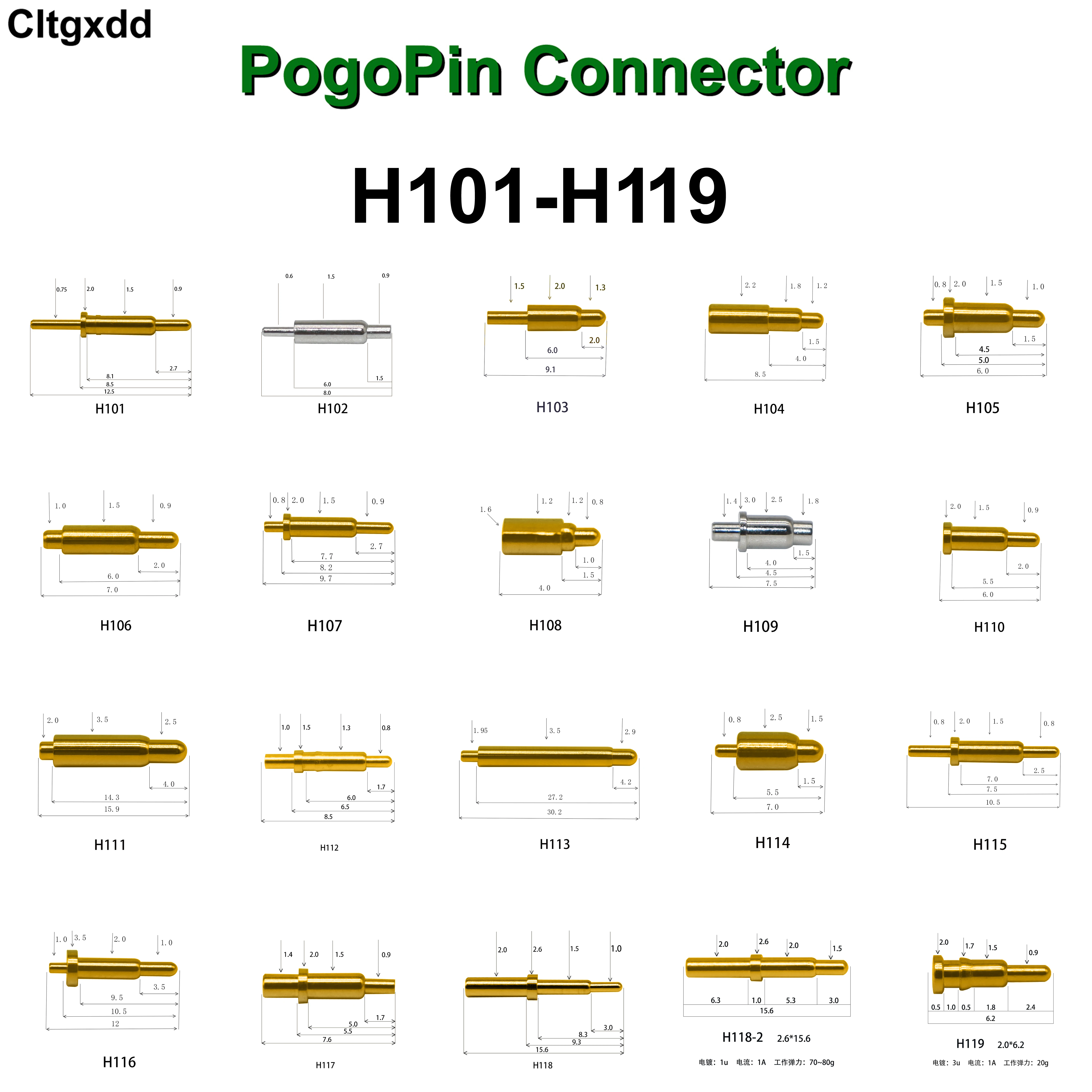 5 Pz H101-H119 Ad Alta Corrente Caricato A Molla Pogo Pin Maschio Femmina Connettore Della Batteria Di Alimentazione Pogo Pin Header Charge 12.5 8 9.1