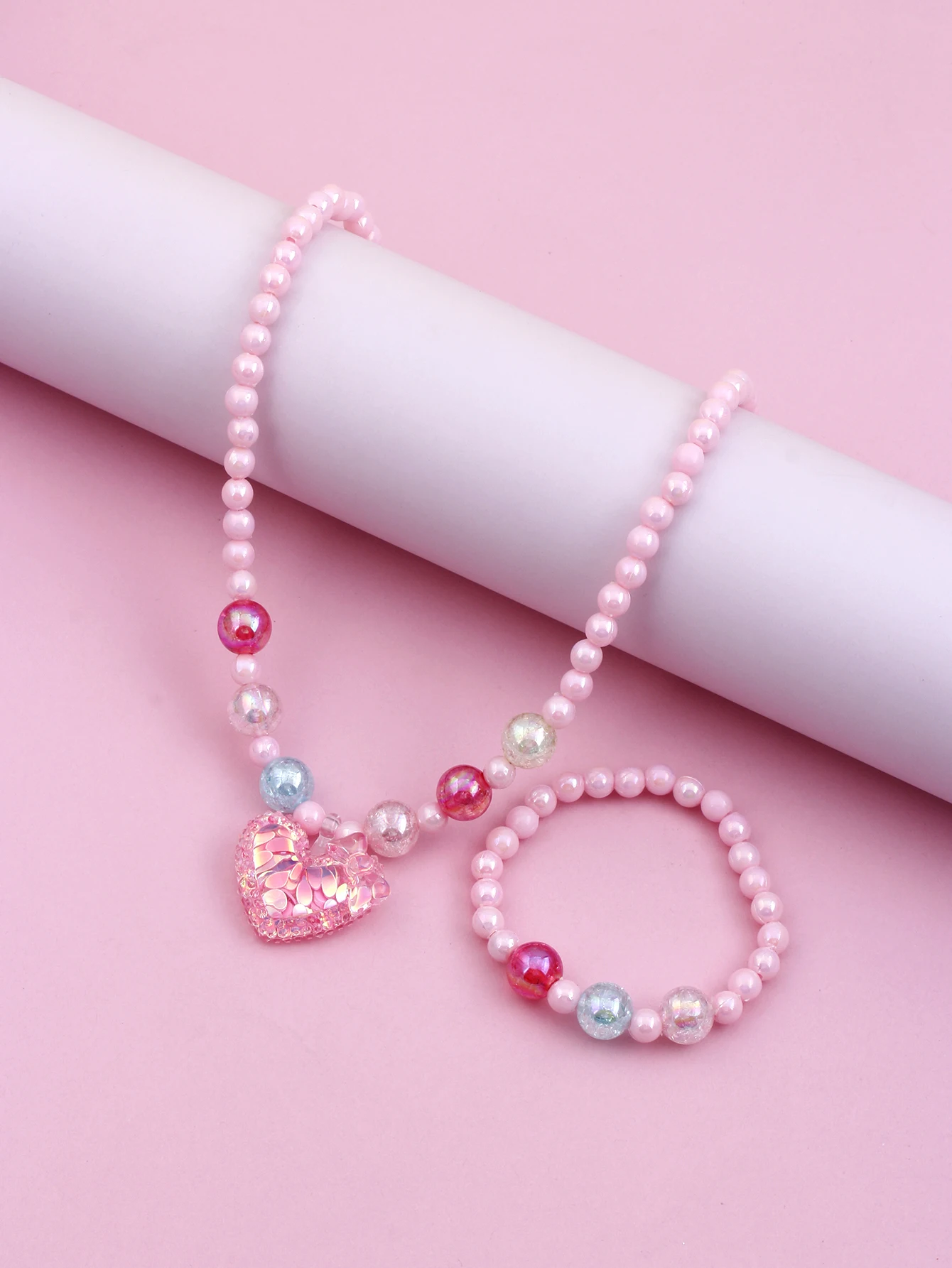 Girls heart beaded necklace and bracelet four seasons daily wear color random 2pcs jewelry sets jewelry set