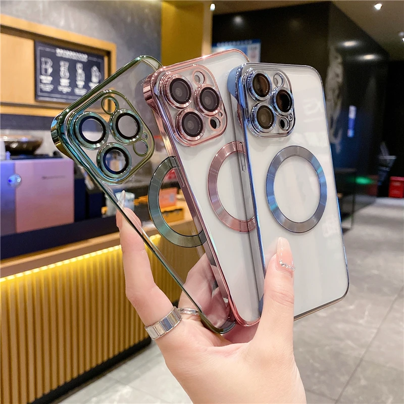 Custodia magnetica placcata senza cornice ultra sottile per iPhone 14 11 12 13 Pro Max 14 Plus Custodia protettiva per obiettivo di ricarica wireless Magsafe_voghion.com