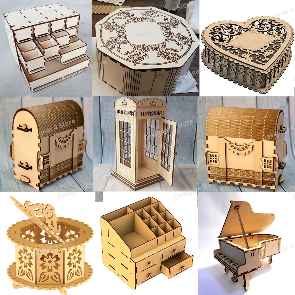 300pcs Wood Boxs Storage Drawing Laser Cut Vector Design CDR DXF File for Drawing Cutting Engraving  CNC Laser Cut