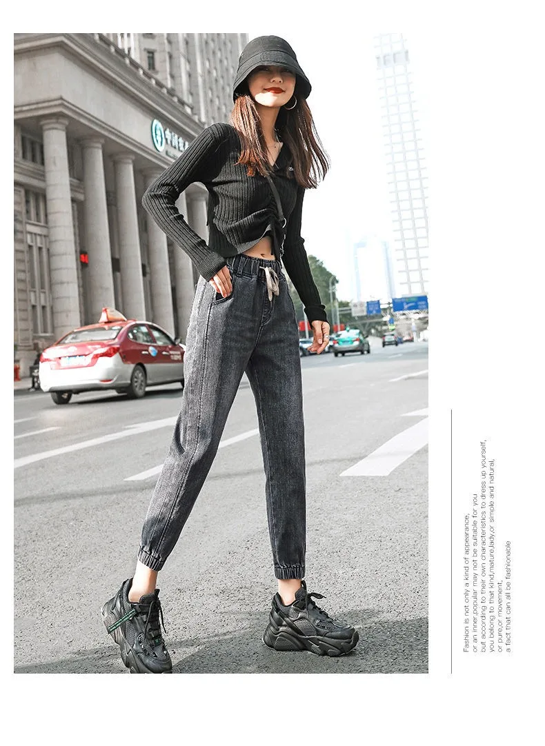 Damen lose Harem Jeans elastische Taille 2024 Frühling Herbst koreanischen Stil hohe Taille gerade kurz geschnittene Harems hose schwarz hellblau – Detail 10