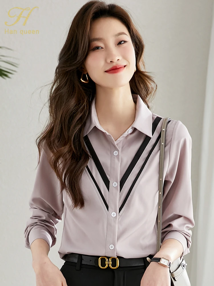 H Han Queen 2023 New Women Vintage Single Breasted Color Matching Tops Long  sleeve Casual Chiffon Blouse Female Office Shirts