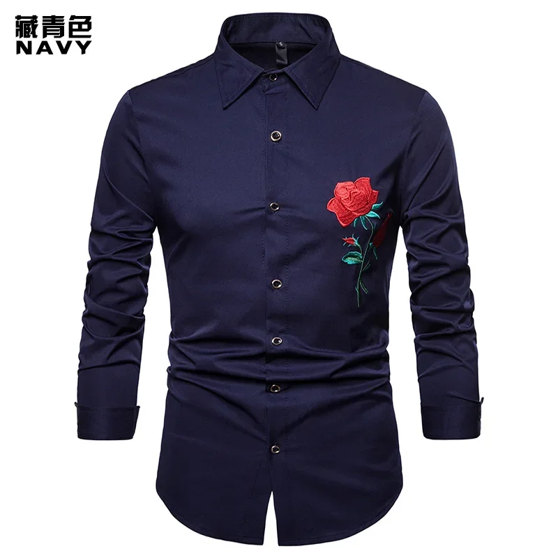 Retro Floral Men Long Sleeve Dress Shirt Rose Embroidery Hawaiian Shirt Social Streetwear men casual shirt men hawaiian shirt long sleeve shirt