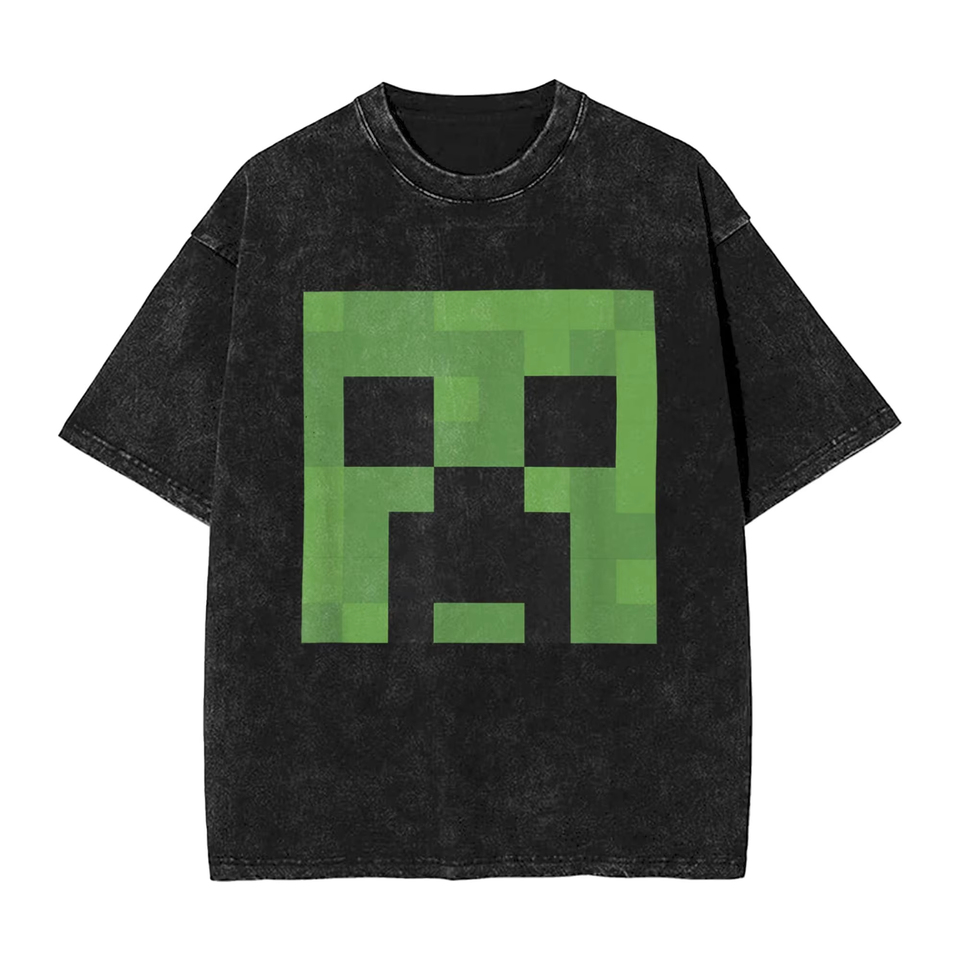 Minecraftes Creeper Big Face Vintage Washed T Shirts Fashion Tees Summer Short Sleeve O Neck Trendy Cool Casual Rendy Oversized