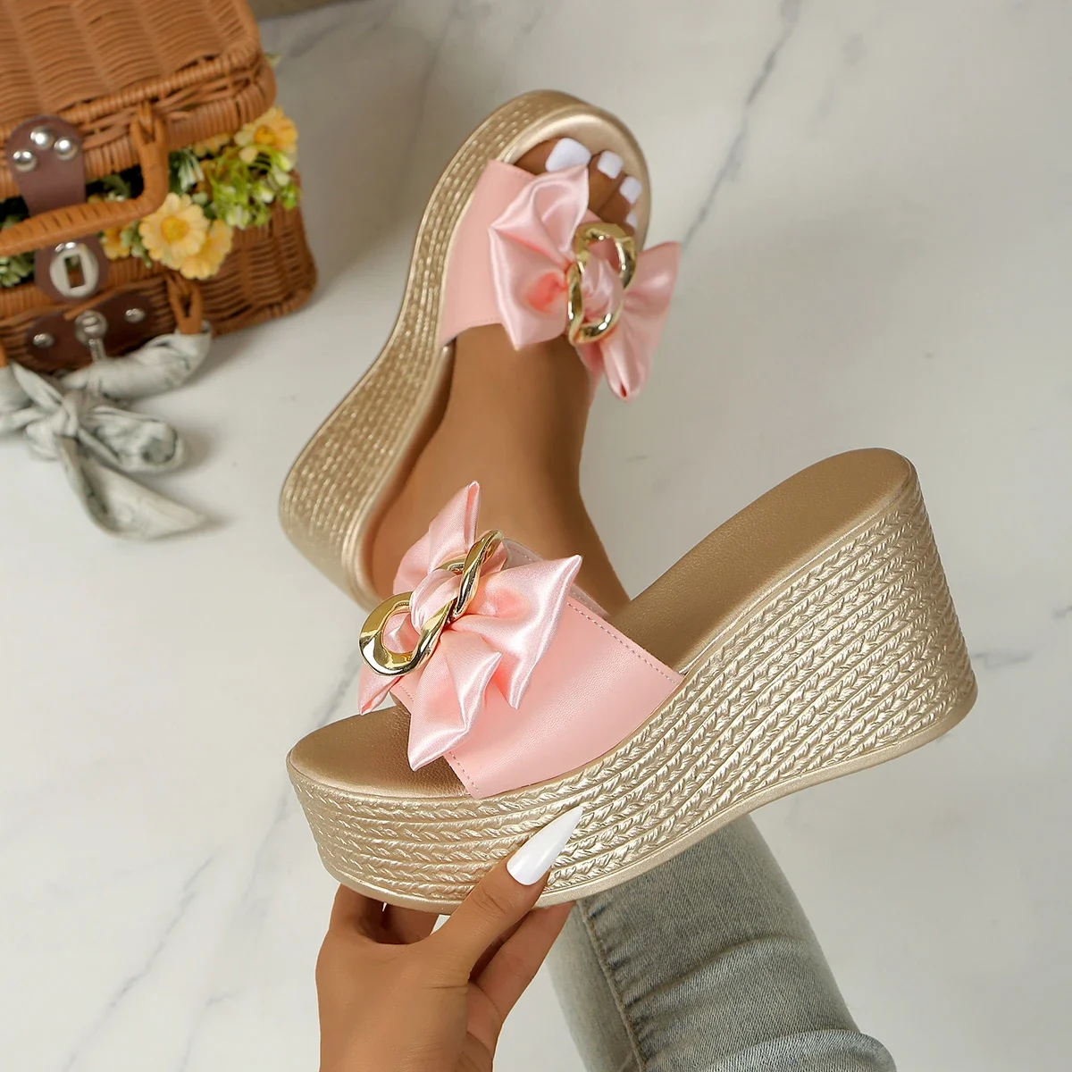 High Heels Women Slippers Bow Slippers New Wedges Platform Sandals Summer Women Comfortable Casual Dress Shoes Slides