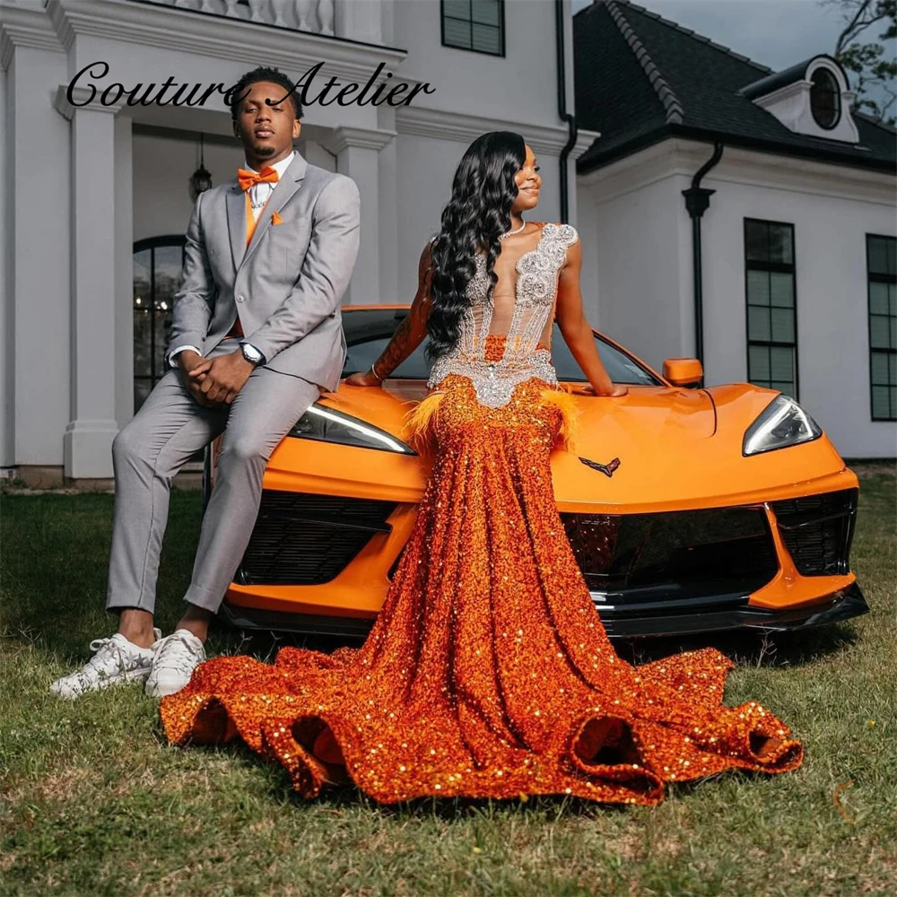 Couples Orange Formal Sweetheart Mermaid Orange Long Prom Dress