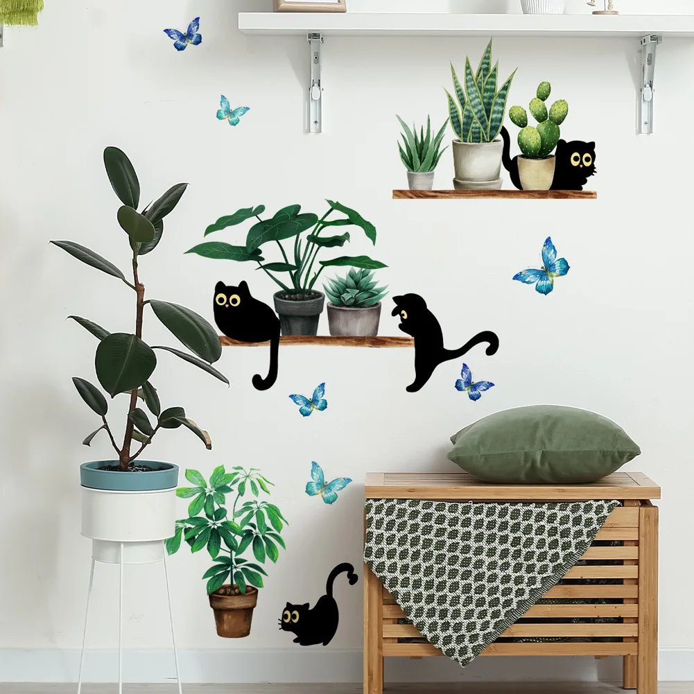 Green Plant Potted Black Cat Wall Sticker Living Room Background Decor Kitchen Home Decoration Wallpaper Self-adhesive Decals self adhesive wallpaper self adhesive stickers wall stickers adhesive wallpaper kitchen wall sticker
