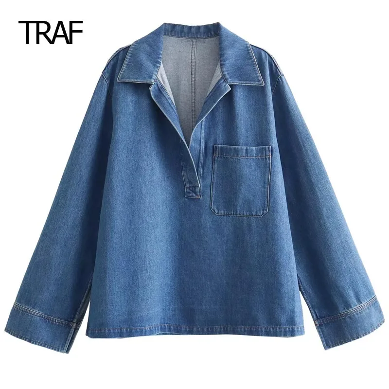 

TRAF Faded Blue Denim Shirts Women's Casual Blouse Spring Summer Lapel Collar Long Sleeve Top Elegant And Youth Woman Blouses