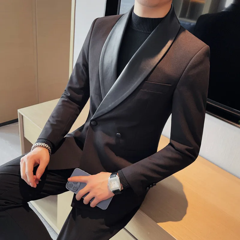 Spring New Double breasted Men's High Order Supply Host emcee suit Men's jacket Solid color patchwork leather suit S-4XL