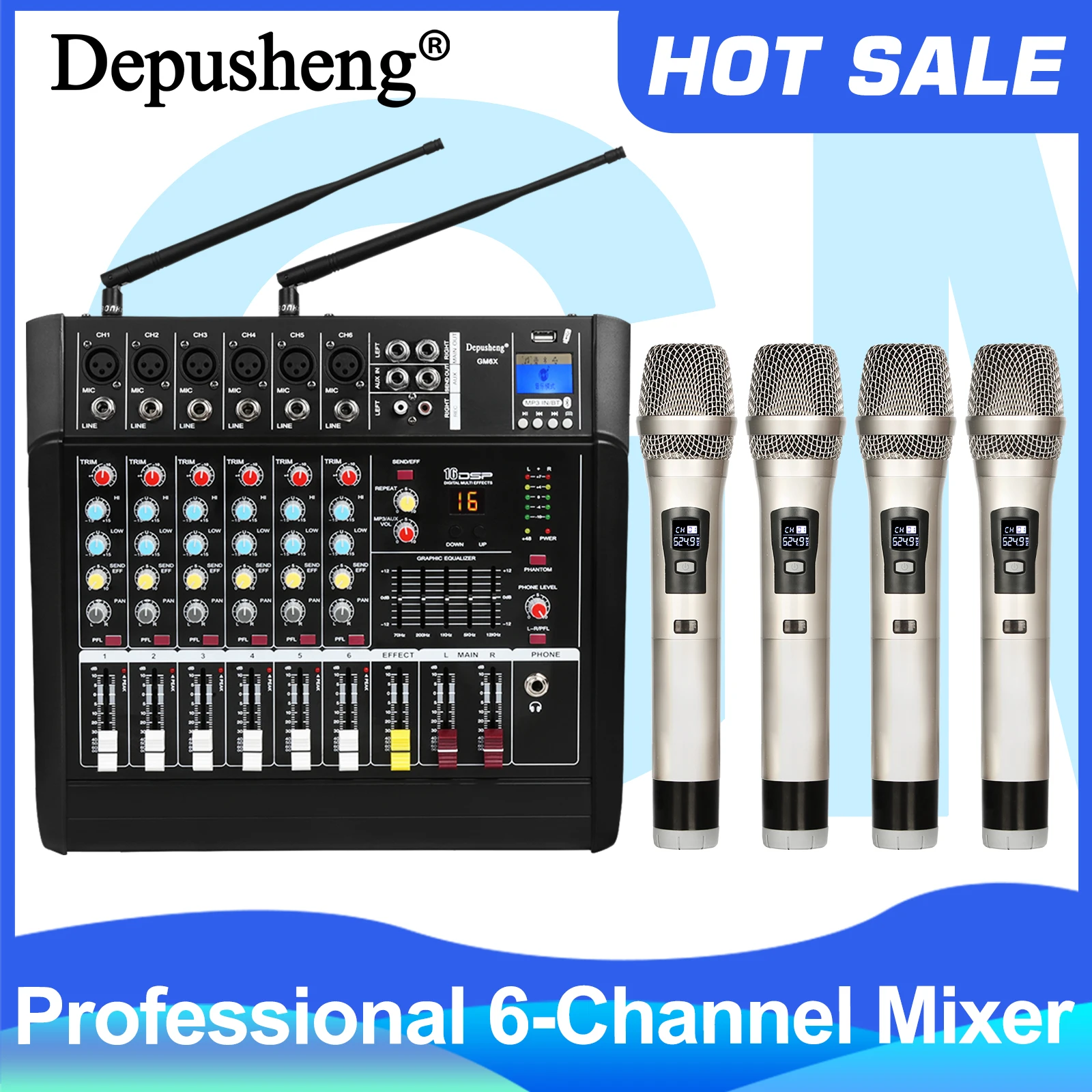 Depusheng 450 Watt GM6X-4H High Quality 6 Channel USB Digital DJ Amplifier Audio Mixer with 4 Wireless Microphones