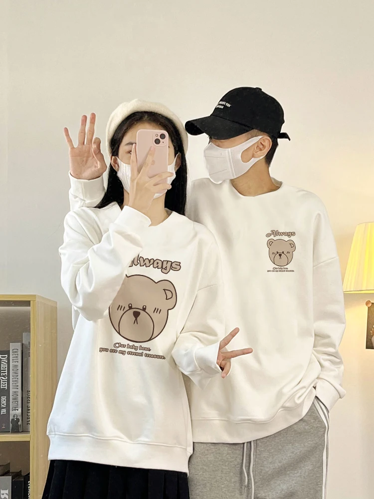 

Cartoon Bear Print Casual Loose Men Women Hoodies Sweatshirts 500g Cotton Men Women Long Sleeve Pullover Top For Couple Clothes