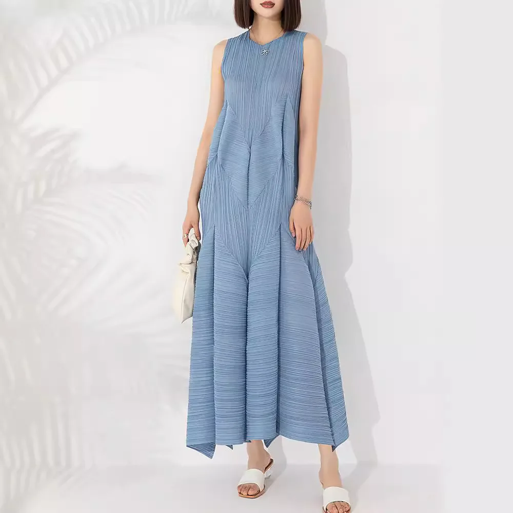 

Miyake Pleated Dress Women 2024 Summer New Women's Fashion Loose Large Size Sleeveless Bud Long Bubble Pleated Pleated Skirt