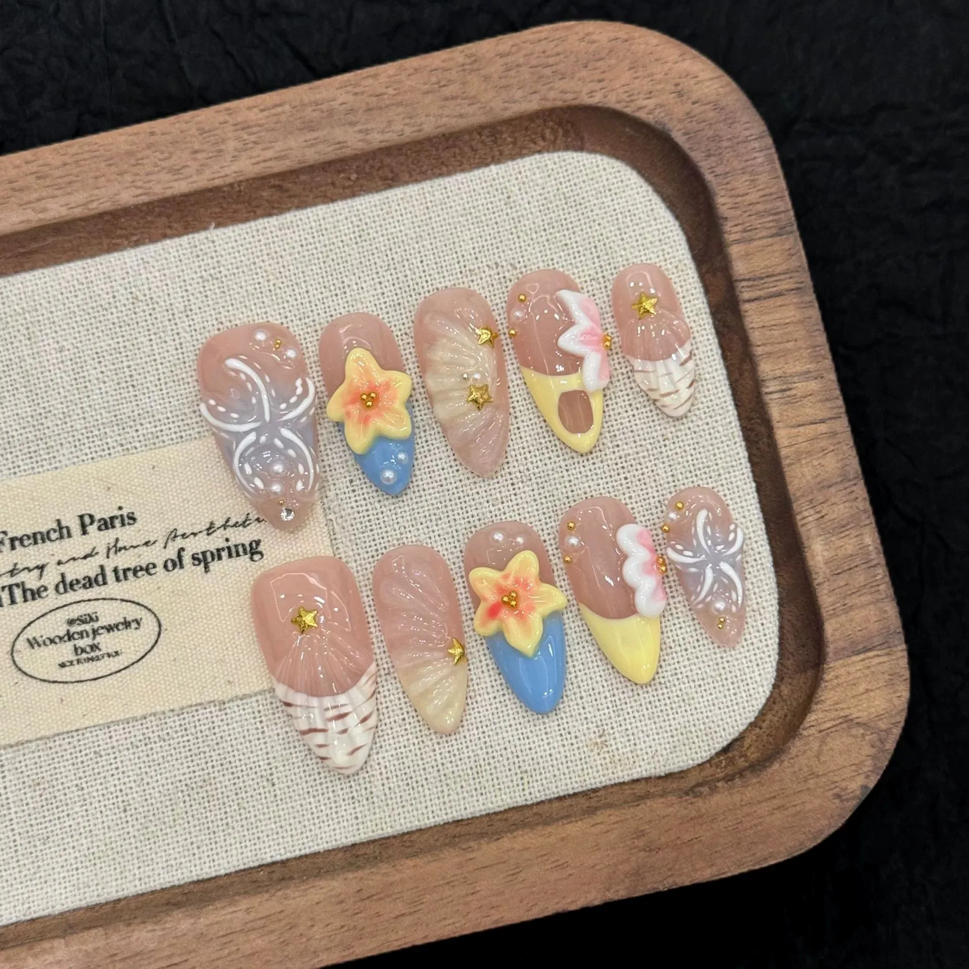 Handmade Press-On Almond Nails with Starfish Decor