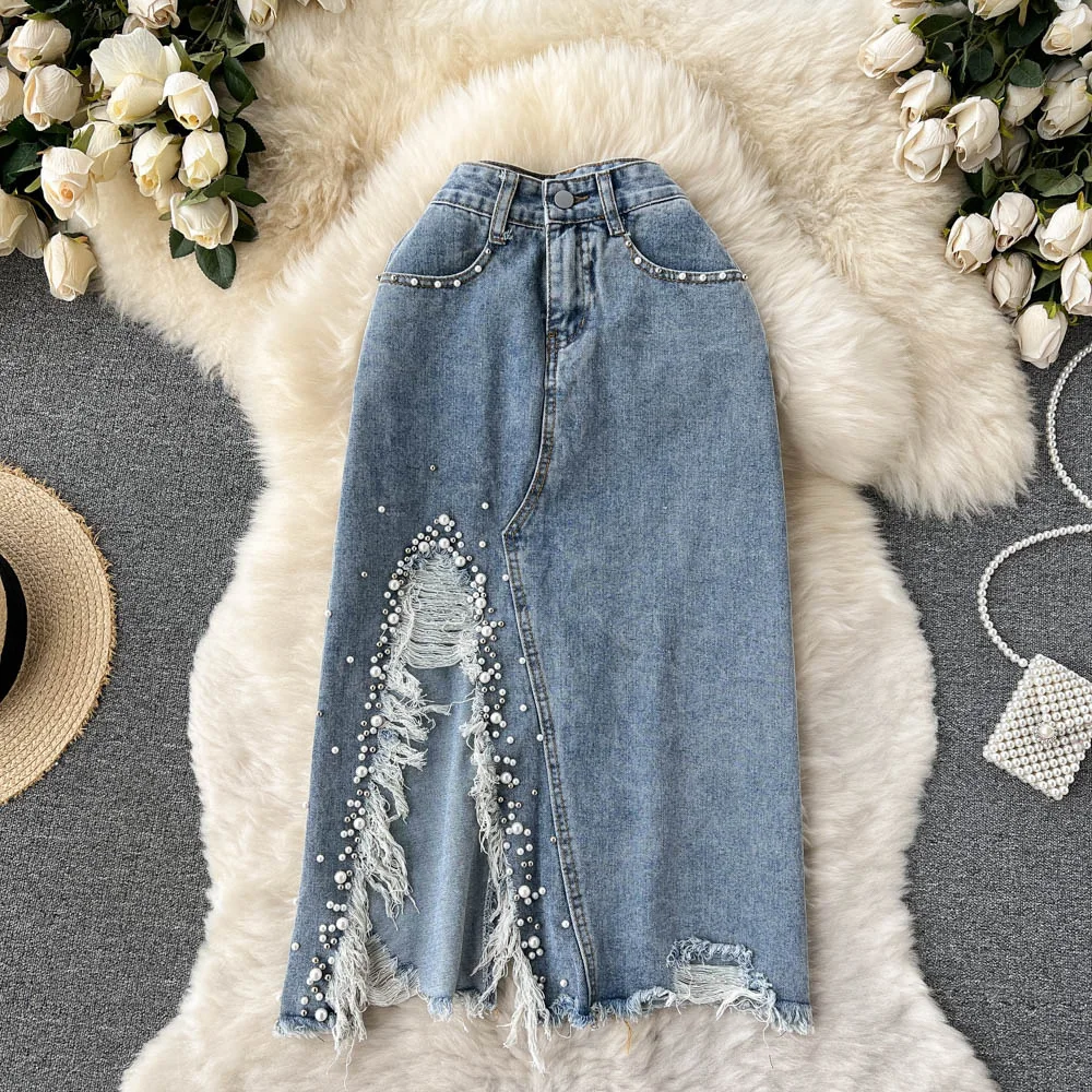 

Pearls Beading Women Denim Skirts 2022 New Summer High Waist Split Ripped Holes Female Midi Jean Skirt Girls Streetwear