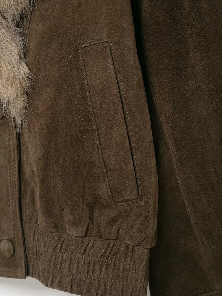  Elegant Women Suede Loose Jacket Fashion Faux Fur Collar Double Breasted Jacket 2025 Winter High Street Short Streetwear