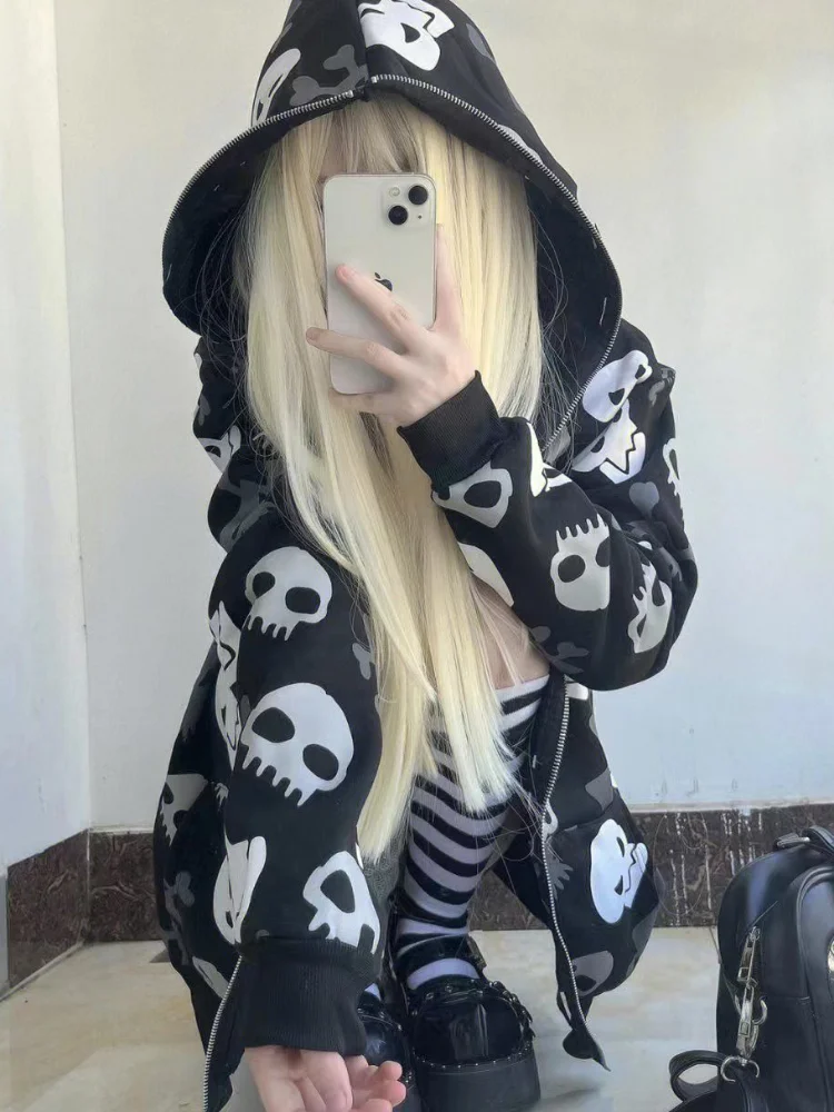 2025 Y2k Aesthetic Skull Print Kawaii Zip-up Hoodies