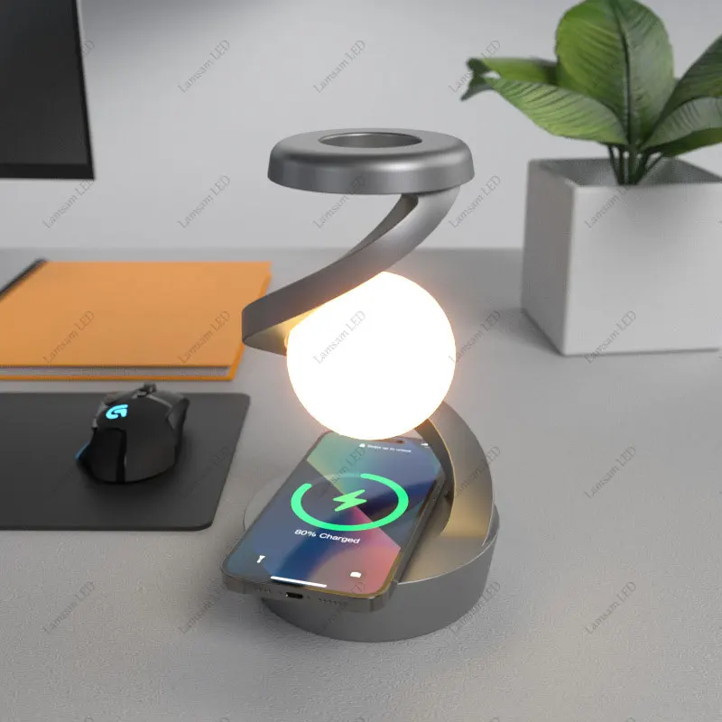 Rechargeable Rotatable Spiral Moon Lamp RGB with Wireless Phone Charger Floating Ball Light Unique Desk Light for Room Decor