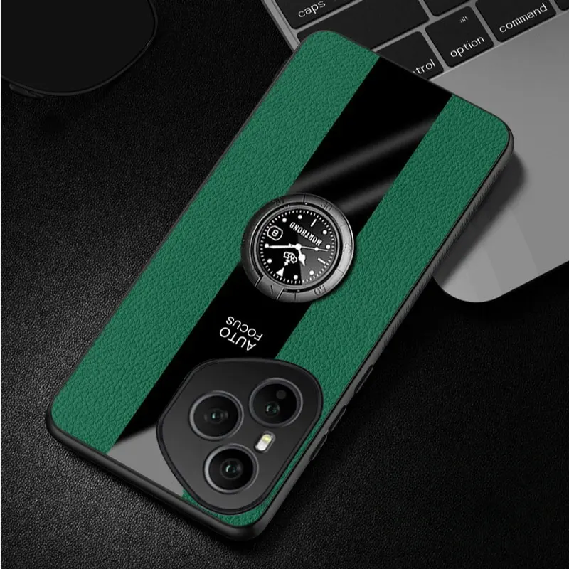 Premium PU Leather Magnetic Ring Holder Phone Case with Silicone Matte Bumper