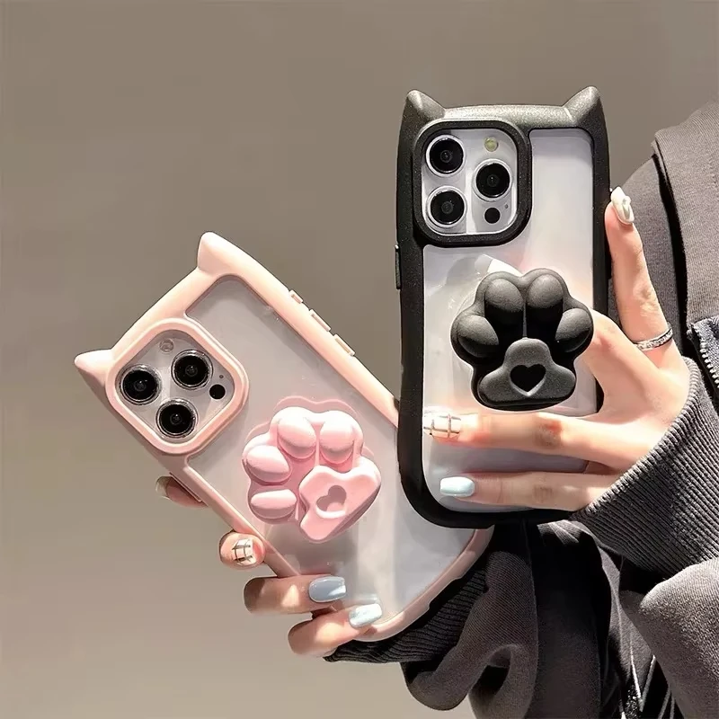INS Niedliche 3D Katzenohr-Klauen-Griff-Handyhülle für iPhone 17 Pro Max 16 15 14 13 12 11 Plus XS XR – Transparente Acryl-Abdeckung