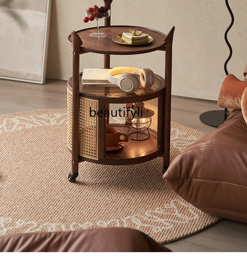 

Solid Wood Sofa Side Table Movable Trolley Living Room Coffee Table Black Walnut Wooden Bedhead Side Table