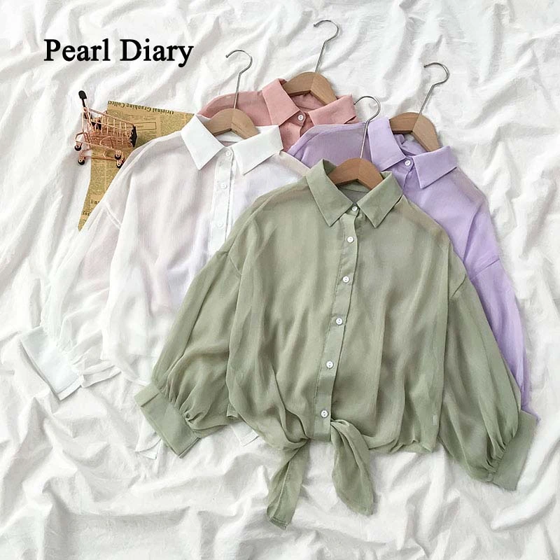 Pearl Diary Summer New Style Frenulum Short Fashion Top Women All-Match Simple   Turndown Collar Chiffon Sunscreen Shirt bathing suit wrap skirt