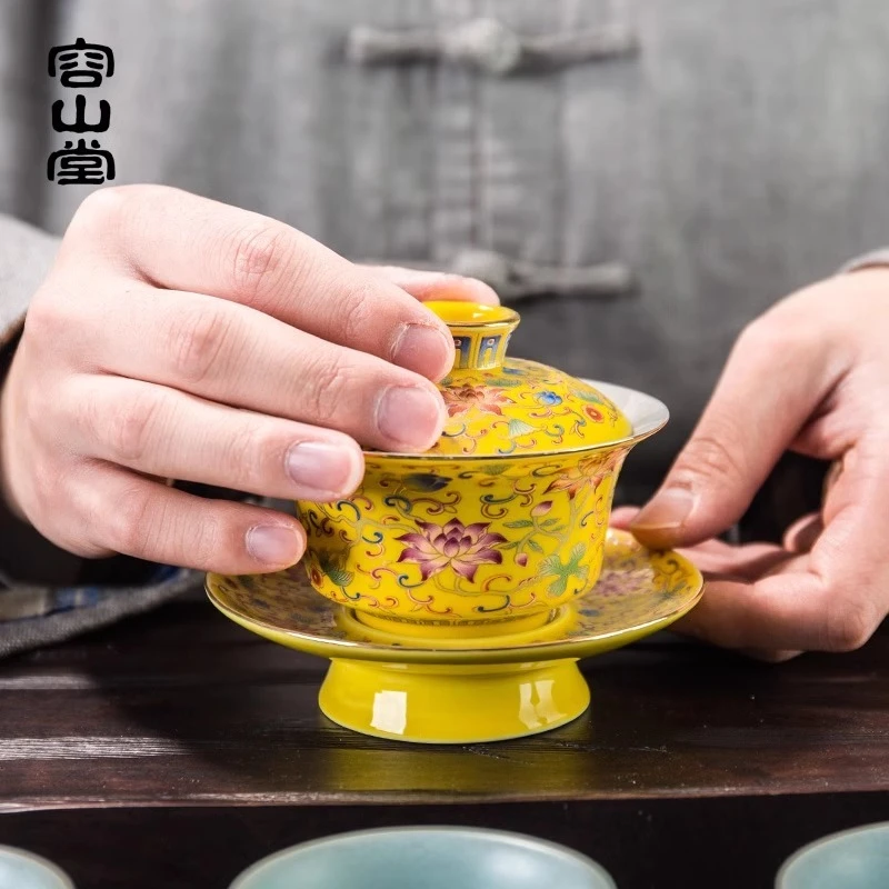 Rongshantang Jingyun covered bowl tea cup set ceramic large enamel painted Sancai blue and white tea bowl Kung Fu set