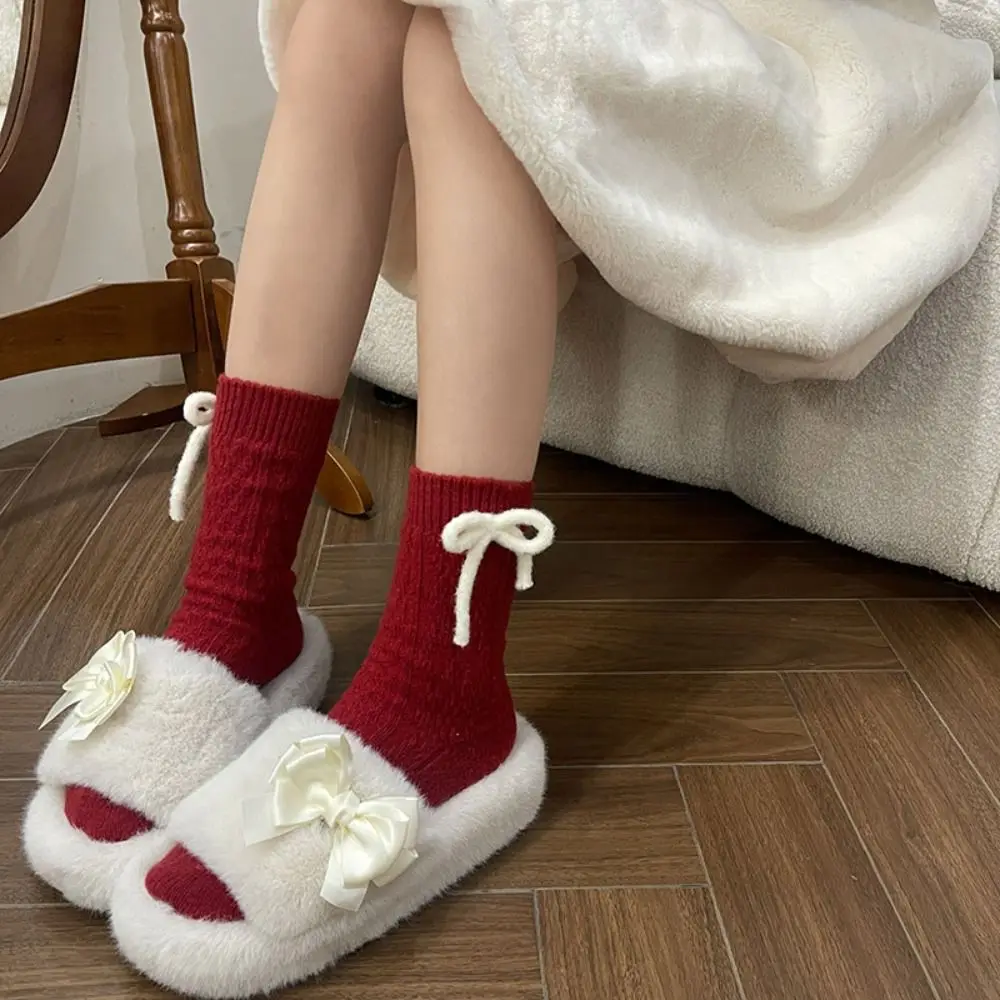 

Female Hosiery New Year Red Bow Socks Simple Bowknot JK Middle Tube Socks Solid Color Leg Socks Winter Calf Socks Student