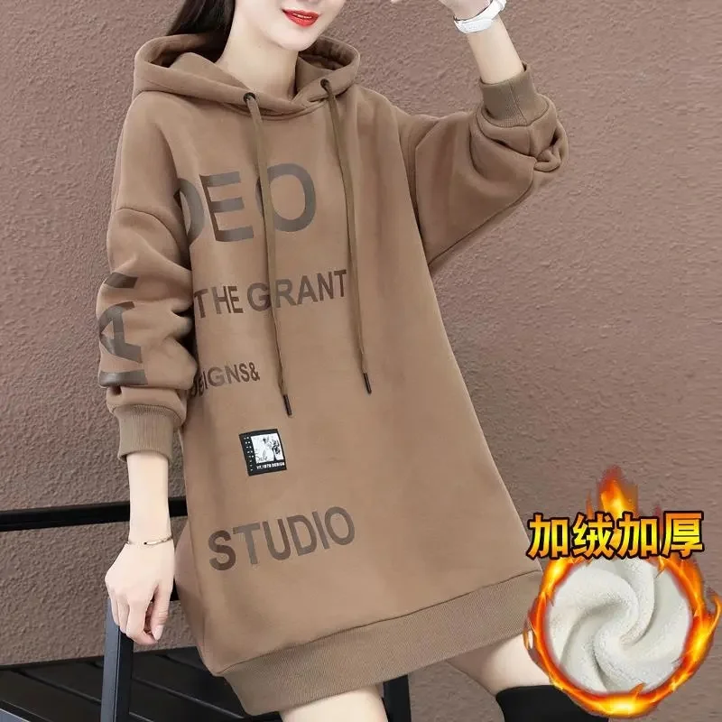 

Pure Cotton Plus Velvet Thick Sweater Mid-length Women 2024 Winter New Korean Version All-match Loose Fat mm Thin Top Commuting