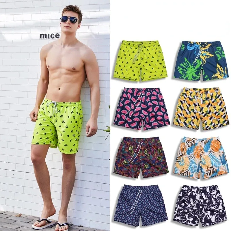 

Polyester men's beach pants quick drying loose matte digital printing 4-point shorts elastic mesh lined beach pants