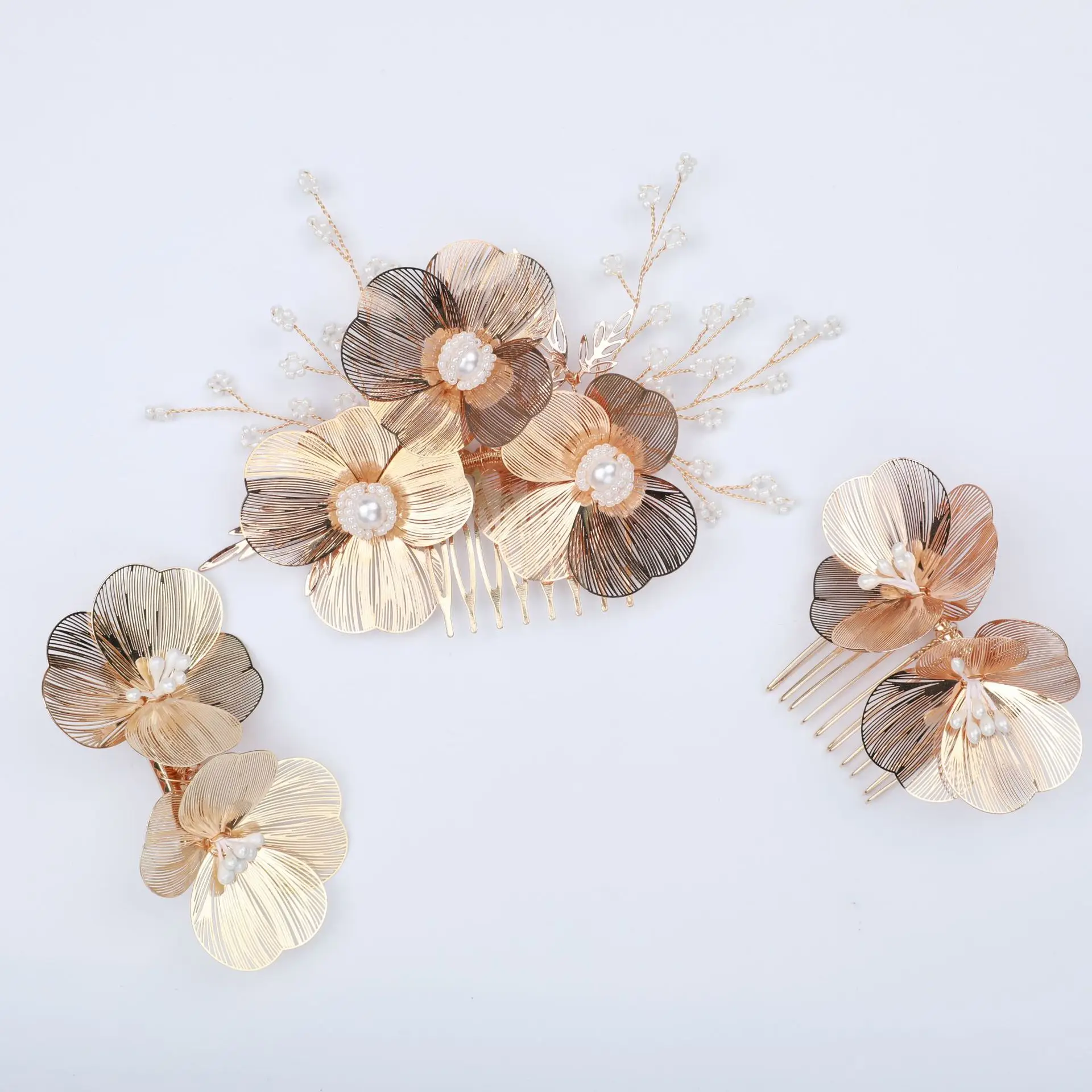 

SLBRIDAL Handmade Baroque Style Copper Flower Pearls Bridal Hair Accessories Wedding Hair comb Hair Clip Set Women Hair Jewelry