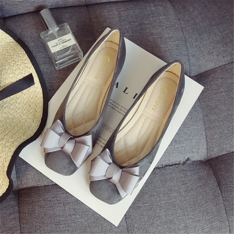 Flats Women Fashion Butterfly-Knot Square Toe Party Leather Ballerinas Plus Size 33-43 Shallow women loafers
