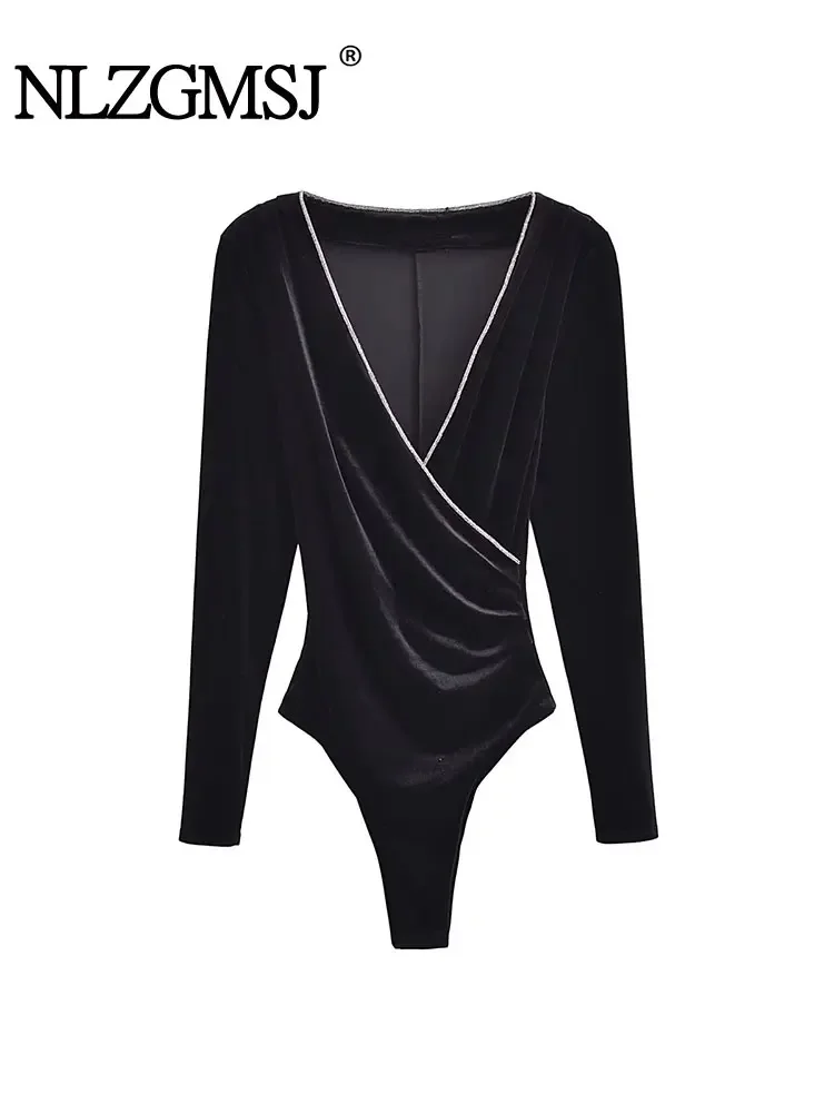 

Nlzgmsj TRAF 2024 Y2K Black Velvet Women Skinny Bodysuit Autumn Long Sleeve Ruched V Neck Rhinestones Female Playsuit Jumpsuit