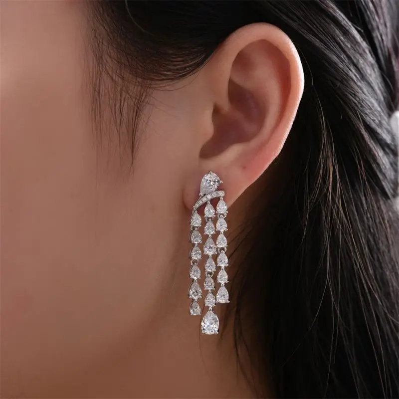 

Women Luxury New 925 Sterling Silver Statement Clear Teardrop Diamond Big Long Tassel Dangle Chandelier Earrings Fine Jewelry