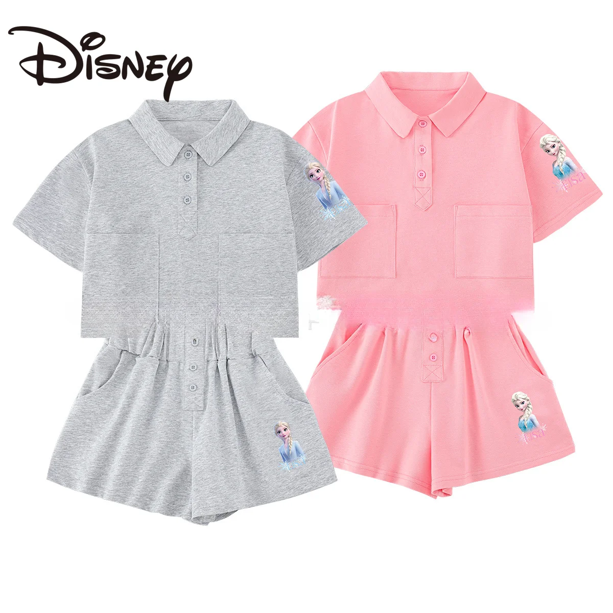 

2023 Summer Kids Disney Clothing Sets Cartoon Girls Frozen Cotton Lapel Short T-shirt + Shorts 2Pcs Suit Baby Elsa Sports Sets