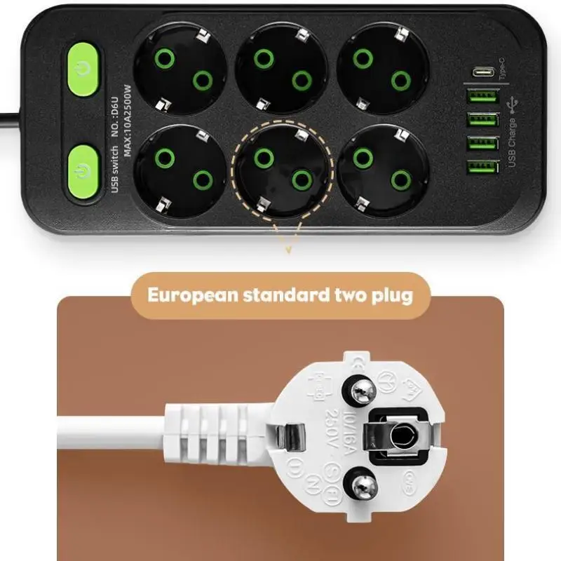 Power Strip EU Plug AC Outlets Multitap Socket 2M Extension Cord Electrical Power Strip With USB Type C Fast Charging Network Filter Adapter