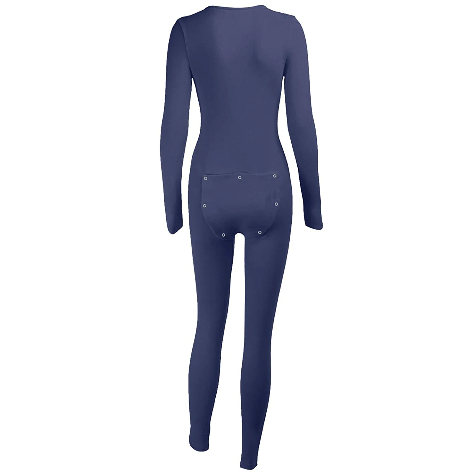 Women's Long Sleeve V Neck Bodycon Oneseies Stretchy Functional Buttoned Flap Pjs Sleepwear Romper Jumpsuit
