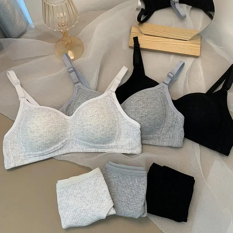 Conjuntos de sujetador sin costuras para mujer, bragas + sujetador sin aros, traje de 2 uds., Bralette de Color sólido, lencería Sexy, sujetador de algodón para mujer_voghion.com