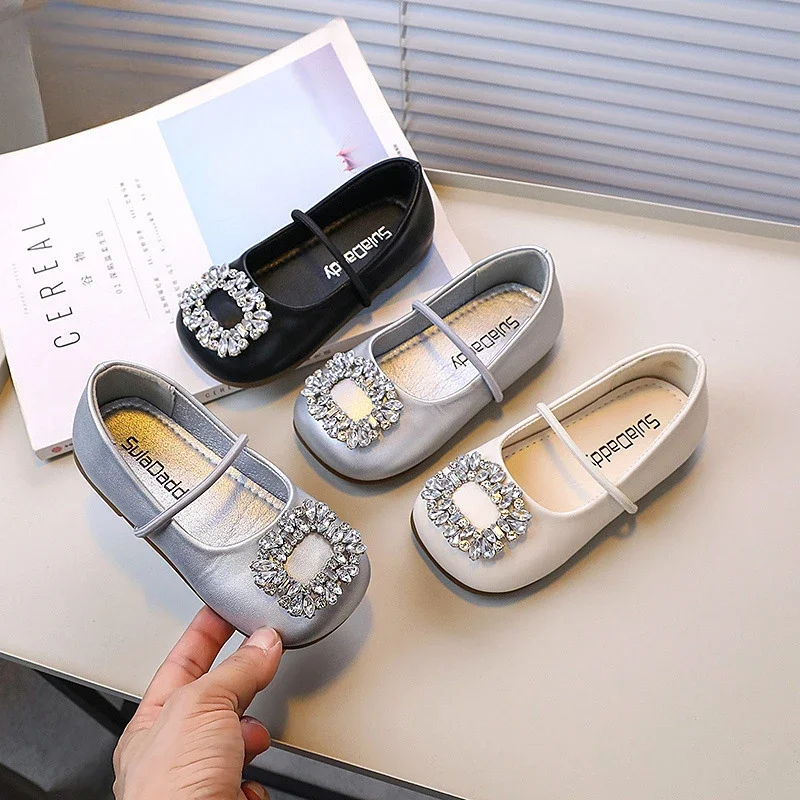 Girls Shoes Girls Princess Leather Shoes Luxury Rhinestone Kids Ballet Shoes Fashion Shallow Non-slip Children's Flats for Party Wedding leather shoes girls flats