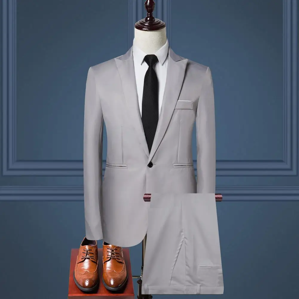 Men business outfit lapel long sleeve single breasted suit coat solid color suit pants set 2Pcs/Set slim fit workwear