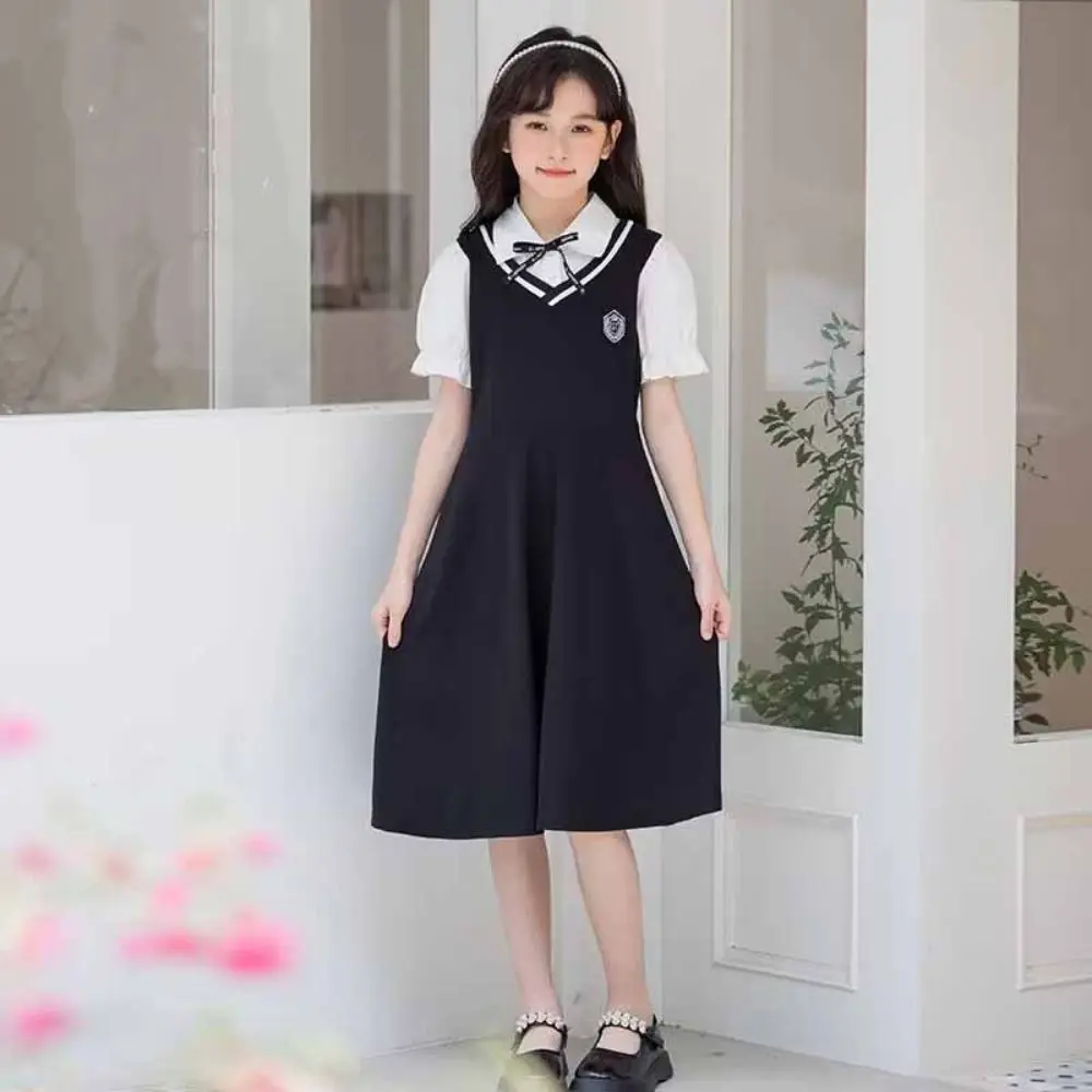 Pleated Girls False Two Dress Preppy Style Short Sleeve Summer Dresses Beach Vacation Teenagers Children A-line Dress Party