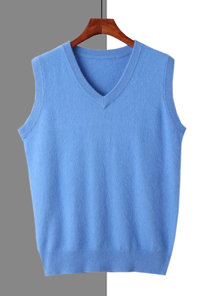 Men 100% Pure Mink Cashmere Vest Sleeveless Sweater Spring Autumn V-Neck Vest Middle-Aged Warm Tops Knit Waistcoat Loose Outer
